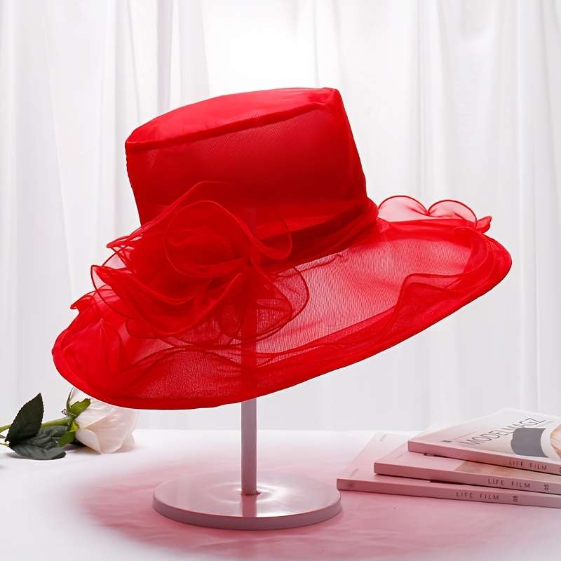 1pc Foldable Flower Organza Sun Hat Elegant Solid Color Mesh Breathable Travel Beach Hats British S