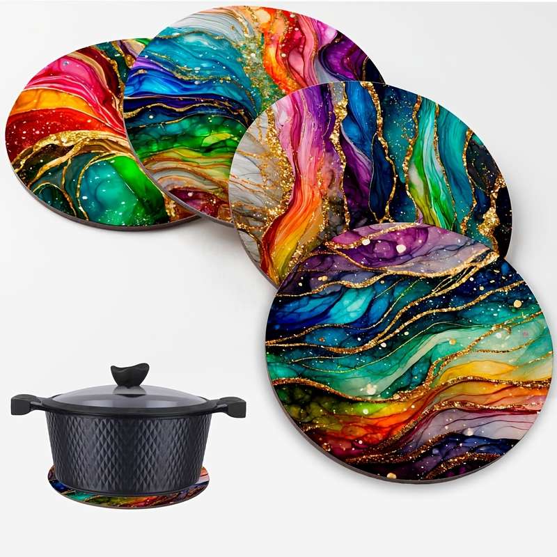 4pcs Rainbow Marble Pattern Wooden Trivet Placemats Heat Resistant Pot Holders Multipurpose