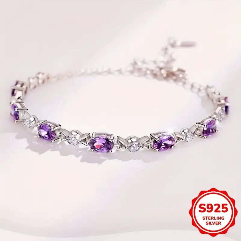925 Sterling Silver Bracelet with Purple Cubic Zirconia - Bohemian Style