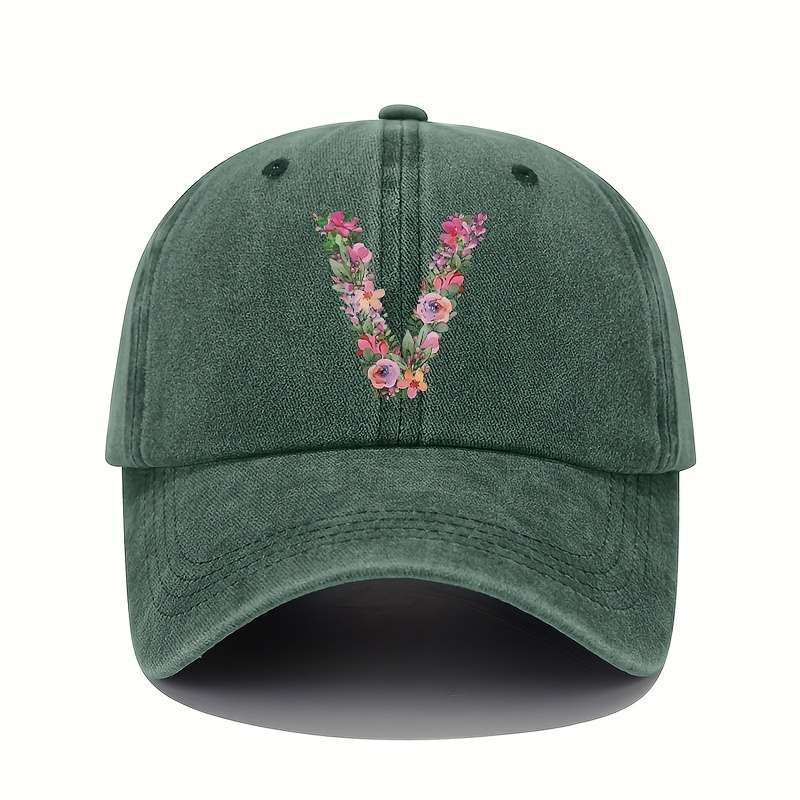 1pc Floral Letter V Print Baseball Cap Vintage Washed Cotton Hat Adjustable Sun Protection Cap wi