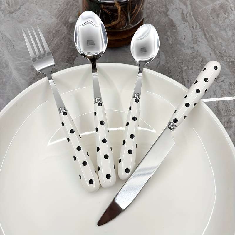 4pcs Stainless Steel Cutlery Set with Polka Dot Ceramic Handles Includes Knife Fork Spoon