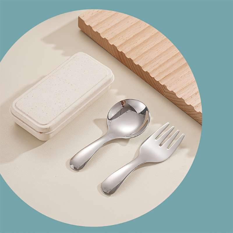 3pcs Set Stainless Steel Short Handle Spoon and Fork Portable Teaspoon for Milk Powder Ice Cr
