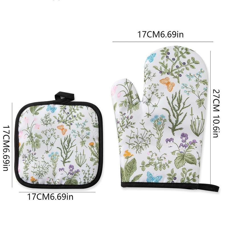 2pcs Daily Kitchen Baking Cooking Anti-Scalding Gloves Heatproof Pads Pot Mat Set Floral Pattern