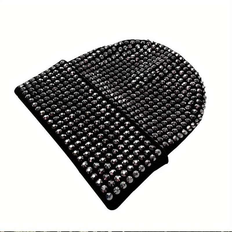 1pc Women'S Black Acrylic Beanie with Sparkling Rhinestones Stylish Double-Layer Knit Hat for Fal