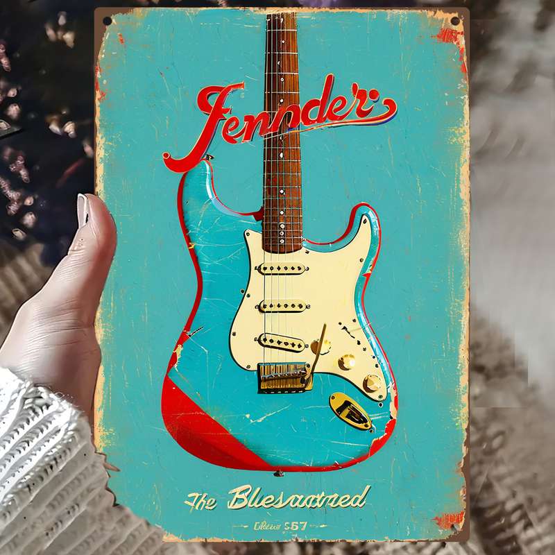 1pc 2D Flat  Vintage Fender Guitar Metal Wall Art 20.32x30.48 cm Retro Poster with Fender