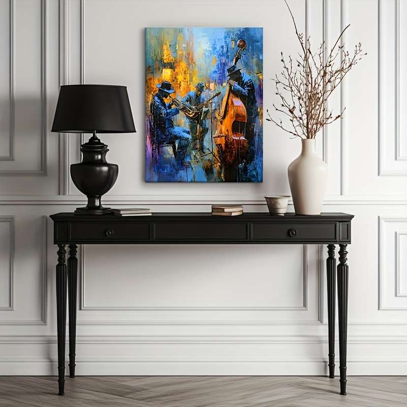 1pc Vibrant Jazz Musicians Canvas Art 30.48x40.64 cm Framed Wall Decor with Wooden Frame Blue