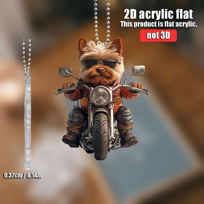 1pc 2D Flat   Yorkshire Terrier Riding Motorcycle  Acrylic Hanging Ornament Flat Design with