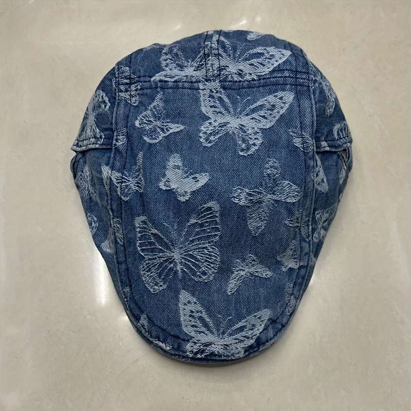 1pc Vintage Butterfly Denim Beret for Women Adjustable Sun-Protective Fashion Cap with Tie-Dye D