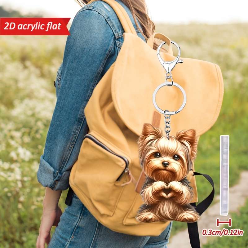 1pc 2D Flat   Cute Yorkshire Terrier Love Heart Pattern Keychain Novel Acrylic Design Key Chain