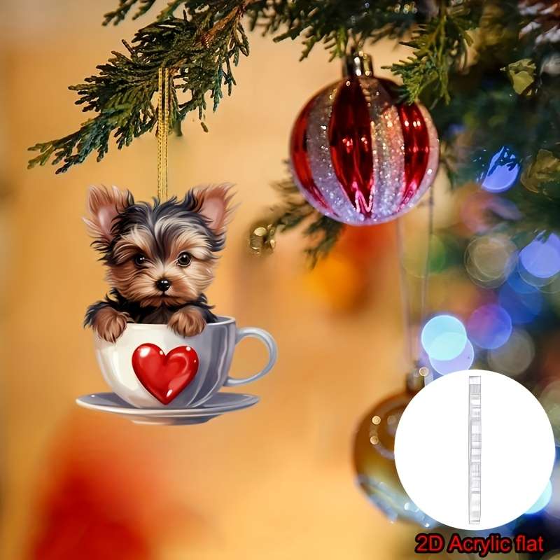 1pc 2D Flat  Adorable Yorkshire Terrier in Teacup Acrylic Pendant Versatile  Charm Hanger for H
