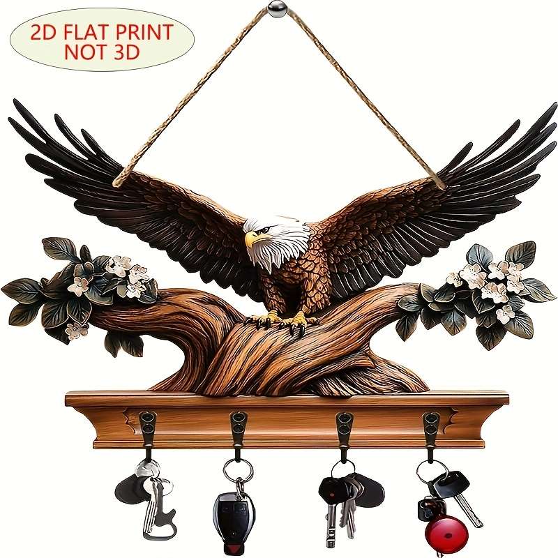 1pc Traditional Eagle Wall Mount Key HolderEasy Install Wooden Base with 4 Metal Hooks Decorati