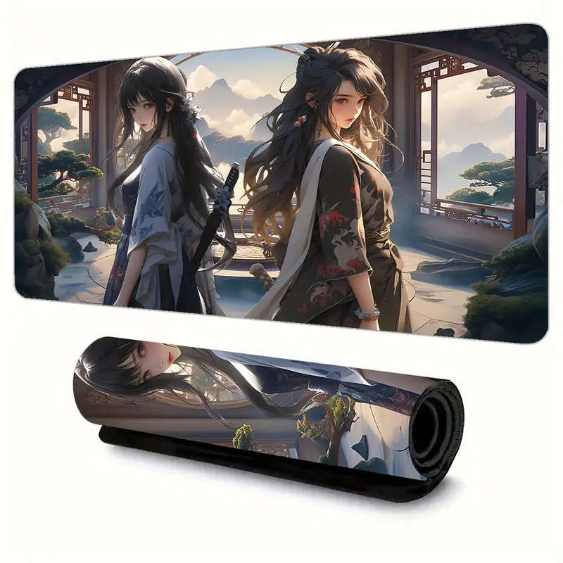 1pc 30x60cm Ergonomic Non-Slip Rubber Gaming Mouse Pad with Dual Samurai Warriors Design