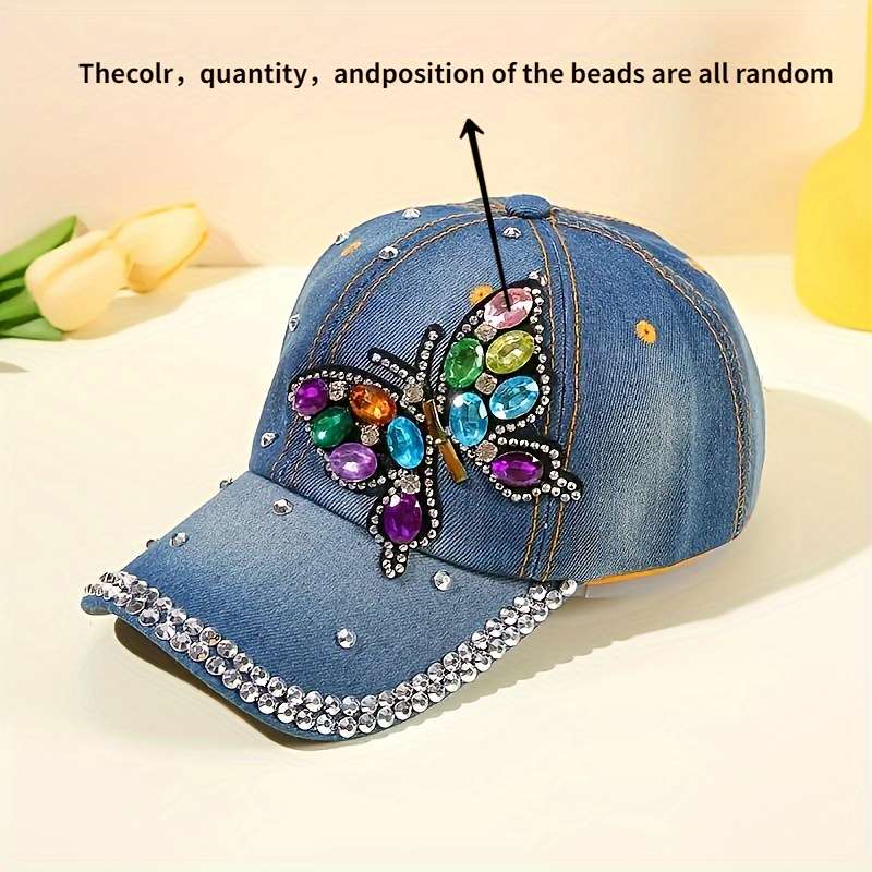 1pc Butterfly Pattern Rhinestone Decor Fashionable Baseball Cap Women's Sunshade Washed Denim Spor