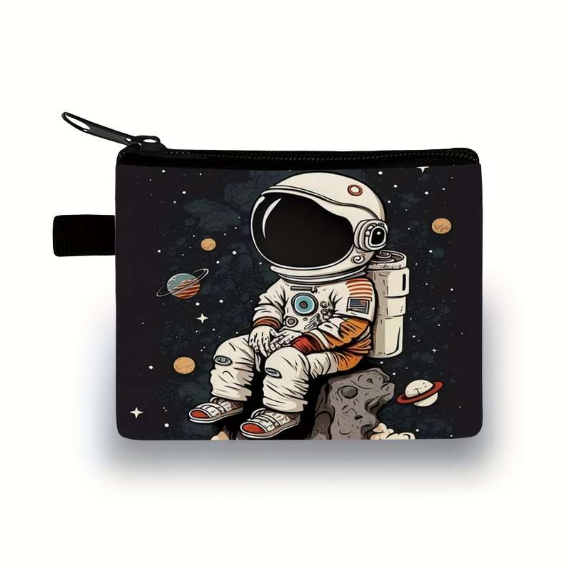 1pc Cool Astronaut Zero Wallet Durable Polyester Pouch with Vibrant Cartoon Design Hand Washable