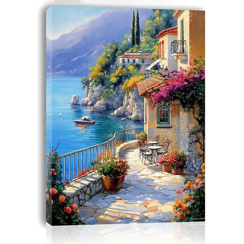 1pc Charming Seaside Village Canvas Art 29.97cm x 39.88cm Wooden Framed Wall Decor for Living Room B