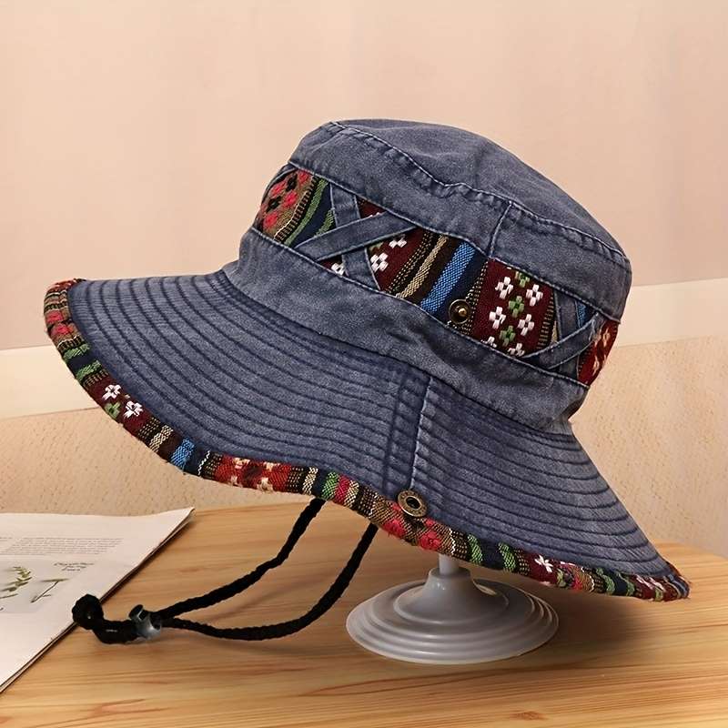 1pc Retro Denim Cowboy Hat with Adjustable Drawstring Lightweight Woven Outdoor Mountaineeri