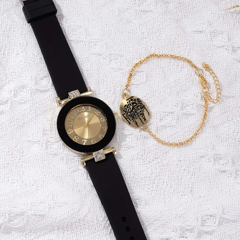 2pcs Elegant Women'S Quartz Watch Bracelet Set Black Golden Middle Eastern Calligraphy Design Classi