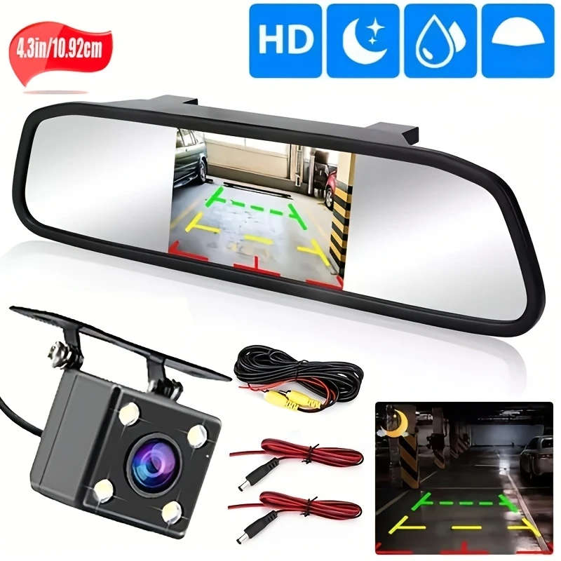 1pc HD 10.92cm TFT LCD Rearview Mirror Monitor with Night Vision Backup Camera Easy Installation Dua