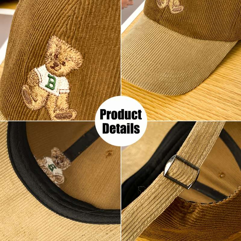 1pc Anime Bear Embroidery Cotton Corduroy Baseball Cap for Women Casual All-Match Adjustable H