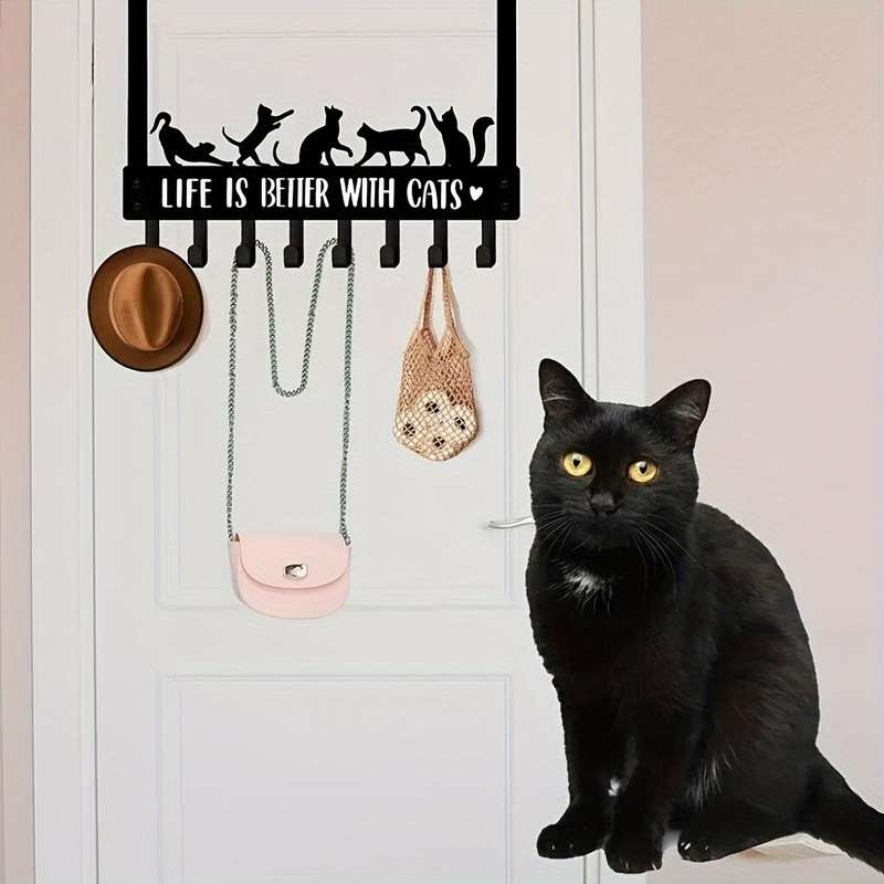 HELLOYOUNG Contemporary Metal Over the Door Cat Hooks 1pc Black Decorative Towel Coat Rack with 8 H