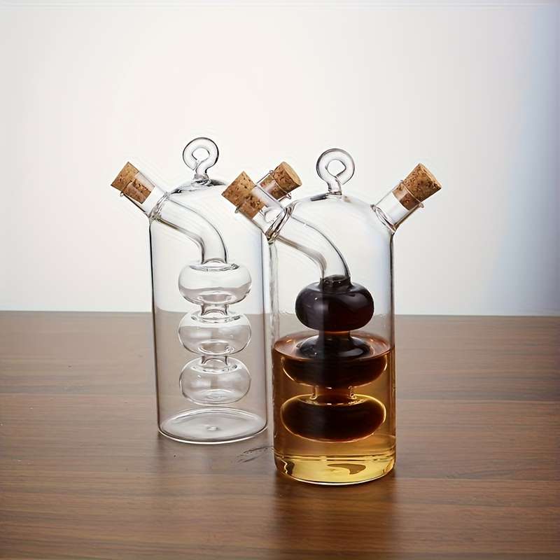 1pc 2-in-1 Glass Olive Oil and Vinegar Dispenser with Cork Stopper Clear Kitchen Container Dual