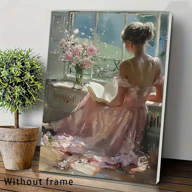 1pc Elegant Woman Reading Canvas Art Print Unframed Classical Wall Decor for Home Office or Cafe Ser
