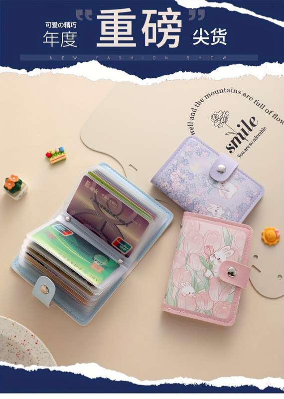 1pc Multi-Slot Cute Cartoon Rabbit Faux Leather Card Holder Casual Style Snap Closure Card Case w
