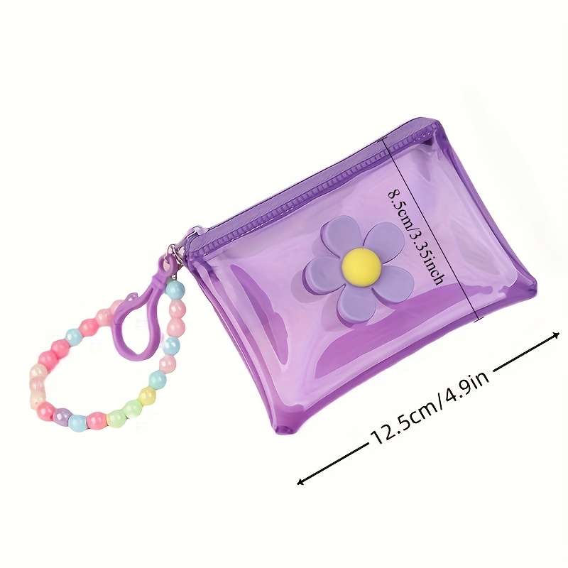 1pc Trendy Transparent PVC Coin Purse with Beaded Chain Compact Key Card Holder Zip Closure E