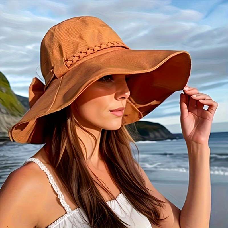 1pc Versatile Sunshade Large Brim Hat Women's Bowknot Braided Decorative Caps Outdoor Travel Wide