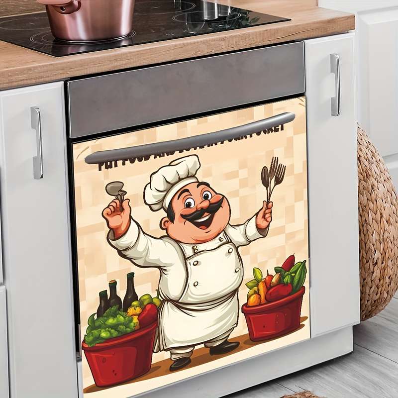 1pc Happy Chef Kitchen Wall Sticker Vibrant Cartoon Design with Fresh Fruits Vegetables Self-A