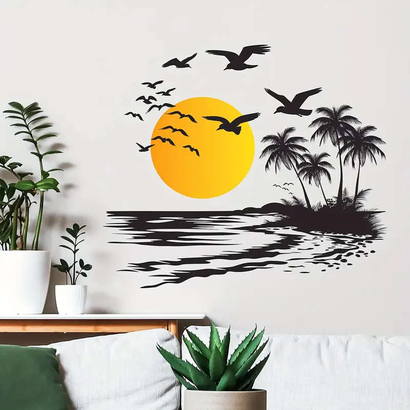 PVC Wall Decal Set  1PC Tropical Sunset Scene with Palm Trees and Flying Birds Removable Vinyl Wall