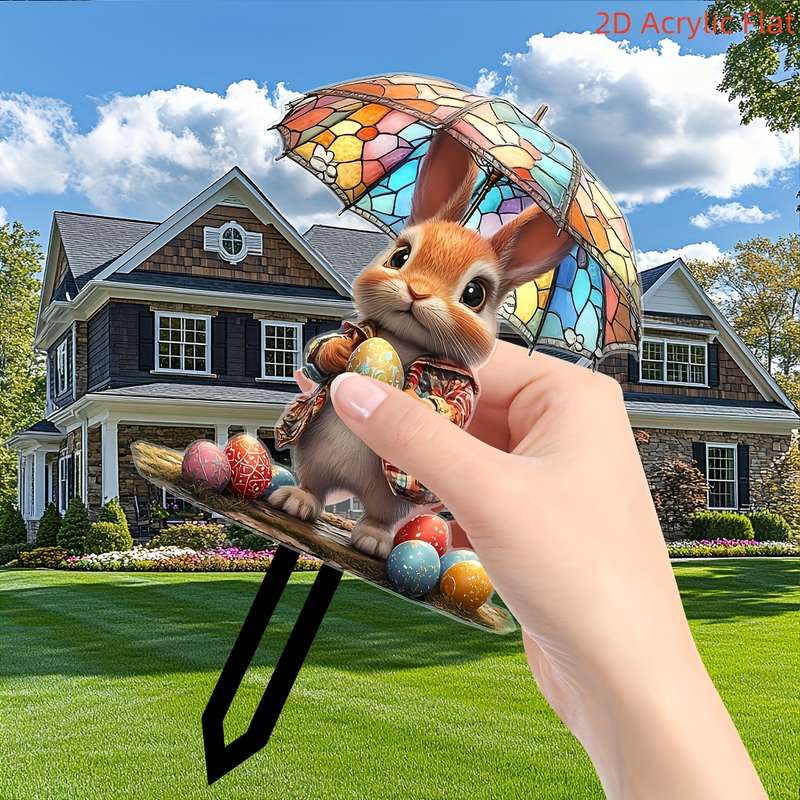 1pc 2D Flat    Pack of Art Revival Style Rabbit and Easter Egg Acrylic Garden Stakes Gr