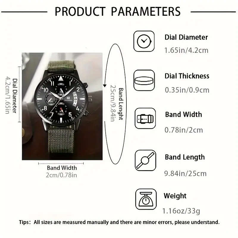 Men's Military Green Fashion Watch Set with Quartz Movement