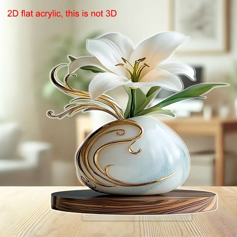 1pc 2D Flat  Acrylic Vase with Elegant White Lilies and Golden Accents Ideal for Home Office or