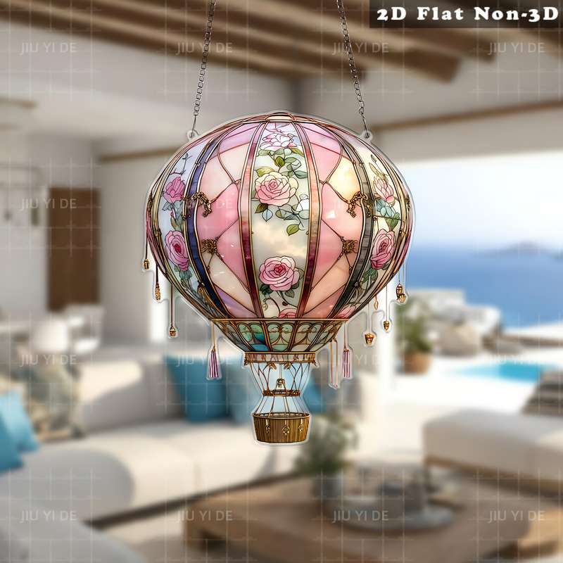 1pc 2D Flat   Bohemian Style  Acrylic Hot Air Balloon Wall Hanging Rose Pattern 20.07