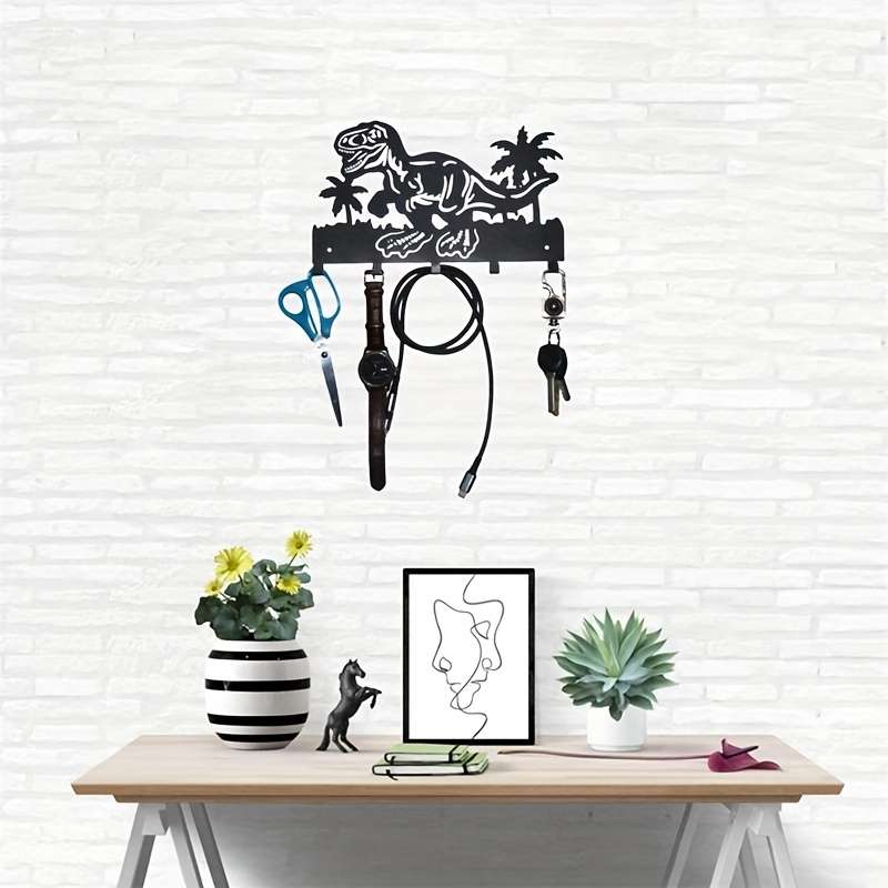 Metallic Dinosaur Coconut Tree Wall Coat Rack with 5 Alloy HooksTropical Palm Tree Key Holder for