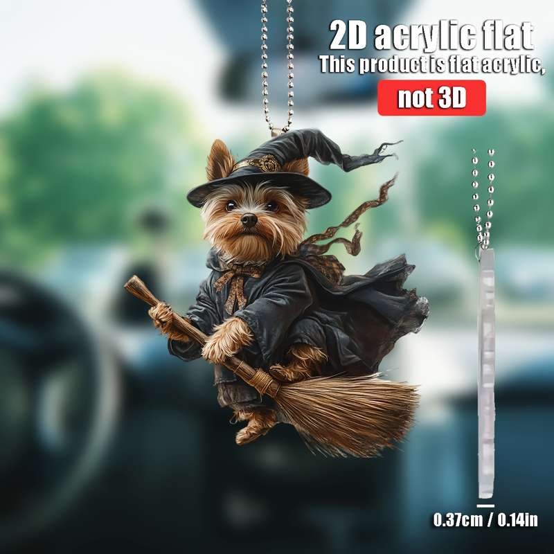 1pc 2D Flat   Yorkshire Terrier Magician  Acrylic Pendant Whimsical Dog in Wizard Costume w
