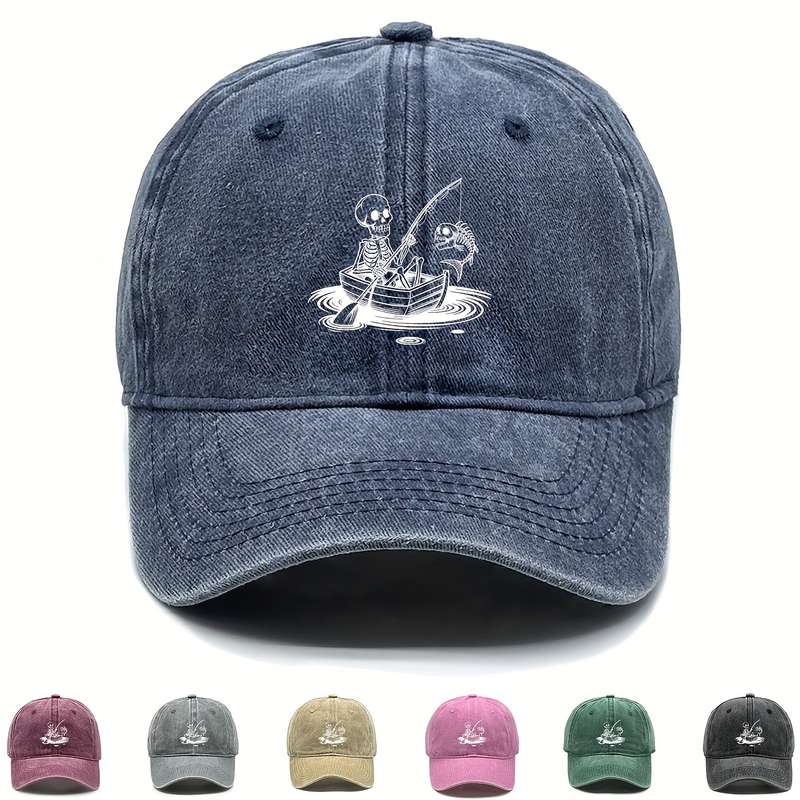 1pc Stylish Unisex Skeleton Fishing Print Baseball Cap Adjustable Snapback Lightweight Cotton D