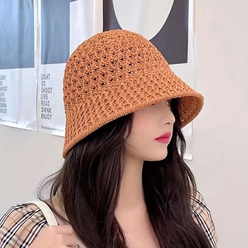 1pc Summer Sun Hat Hollow Out Knitted Polyester Bucket Hat Sun Protection for Fishing