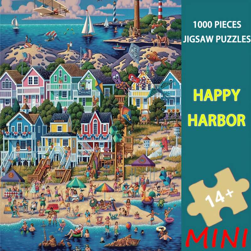 1000pcs Happy Harbor Mini Puzzle Vintage Nautical Art with Hand-Painted Lighthouse