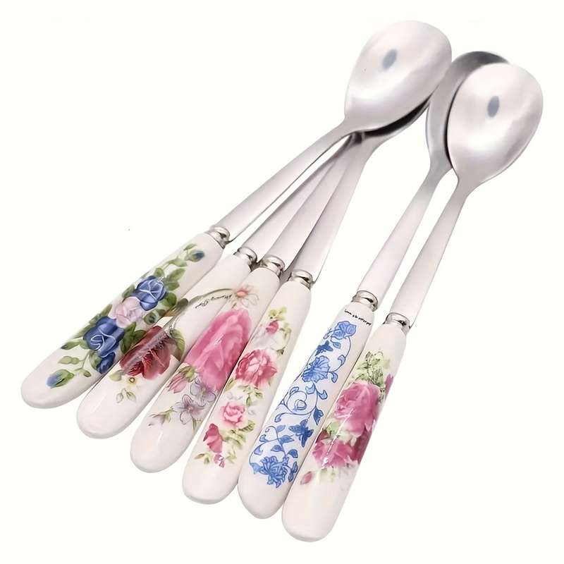 6pcs OUKEAI Stainless Steel Coffee Spoons with Floral Ceramic Handles Elegant Mixing Serving