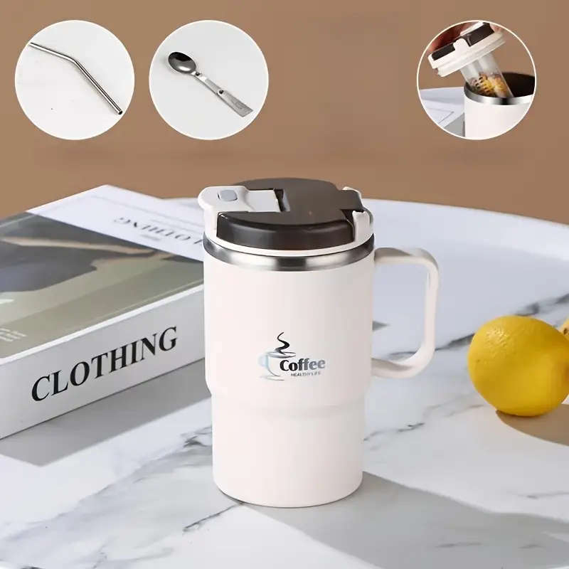 Stainless Steel Insulated Coffee Cup With Lid And Spoon White