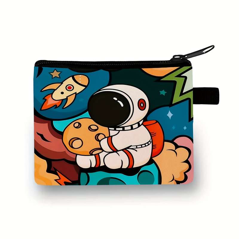 1pc Cool Astronaut Zero Wallet Durable Polyester Pouch with Vibrant Cartoon Design Hand Washable