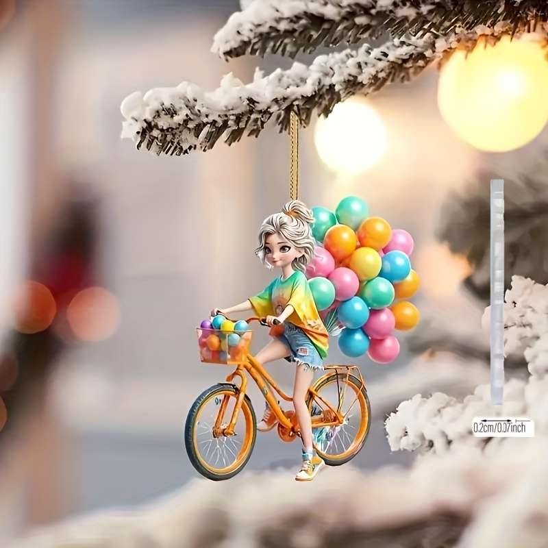 1pc 2D Flat   Cute Girl Riding Bicycle with Colorful Balloons Acrylic Hanging Ornament Vibrant