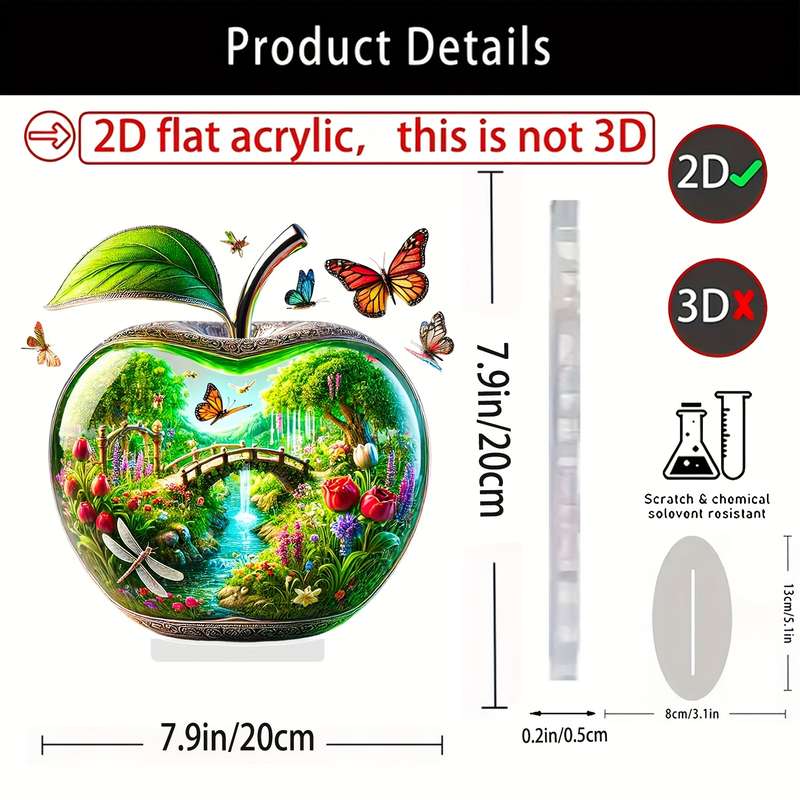 1pc 2D Flat   Charming Apple-Shaped Acrylic Decor a Vibrant Garden with Bridges Waterfalls D