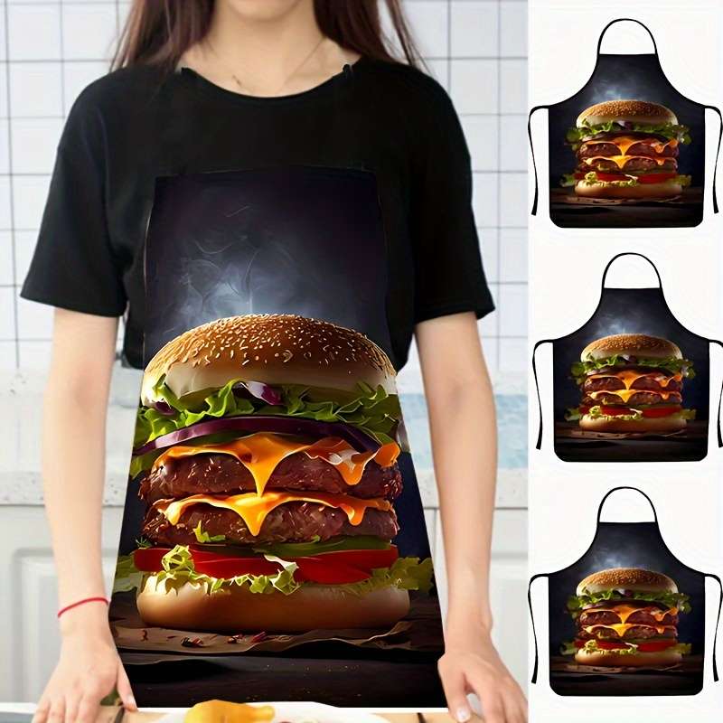 1pc Fun Hamburger Pattern Polyester Apron Vibrant Colorful Print Sleeveless Knitted Ideal