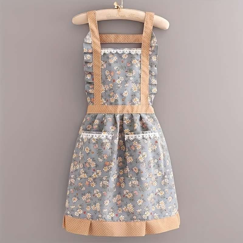 1pc Elegant Floral Print Apron for Women Double-Pocket Design with Ruffled Details Perfect f