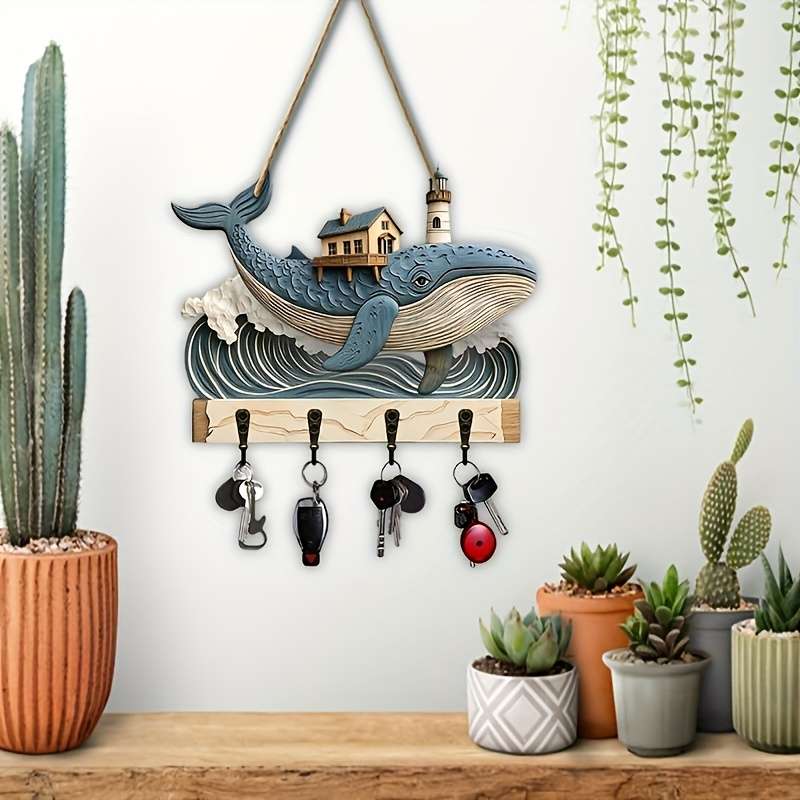 1pc animal theme whale home wooden key hanger key storage with hooks four-season multi-functional
