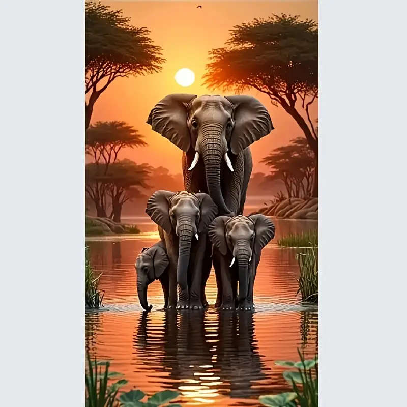 1pc 5D DIY Diamond Painting Kit Elephants and Sunset Scenery Full Drill Round Diamond Art Mosaic Cra