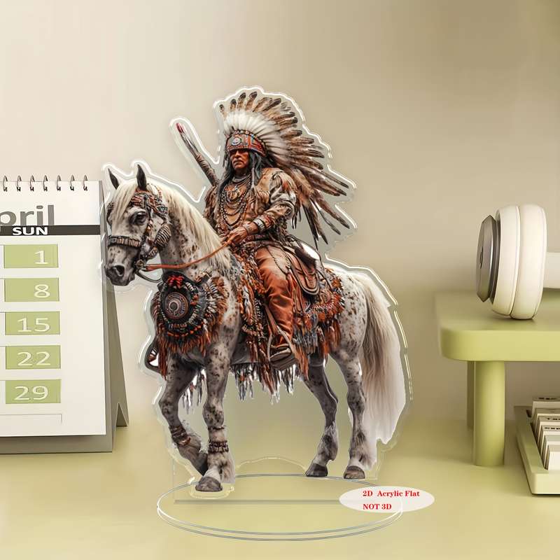 1pc 2D Flat   Bohemian Style Native American Chief  Acrylic Art Ornament Handcrafted Horseba